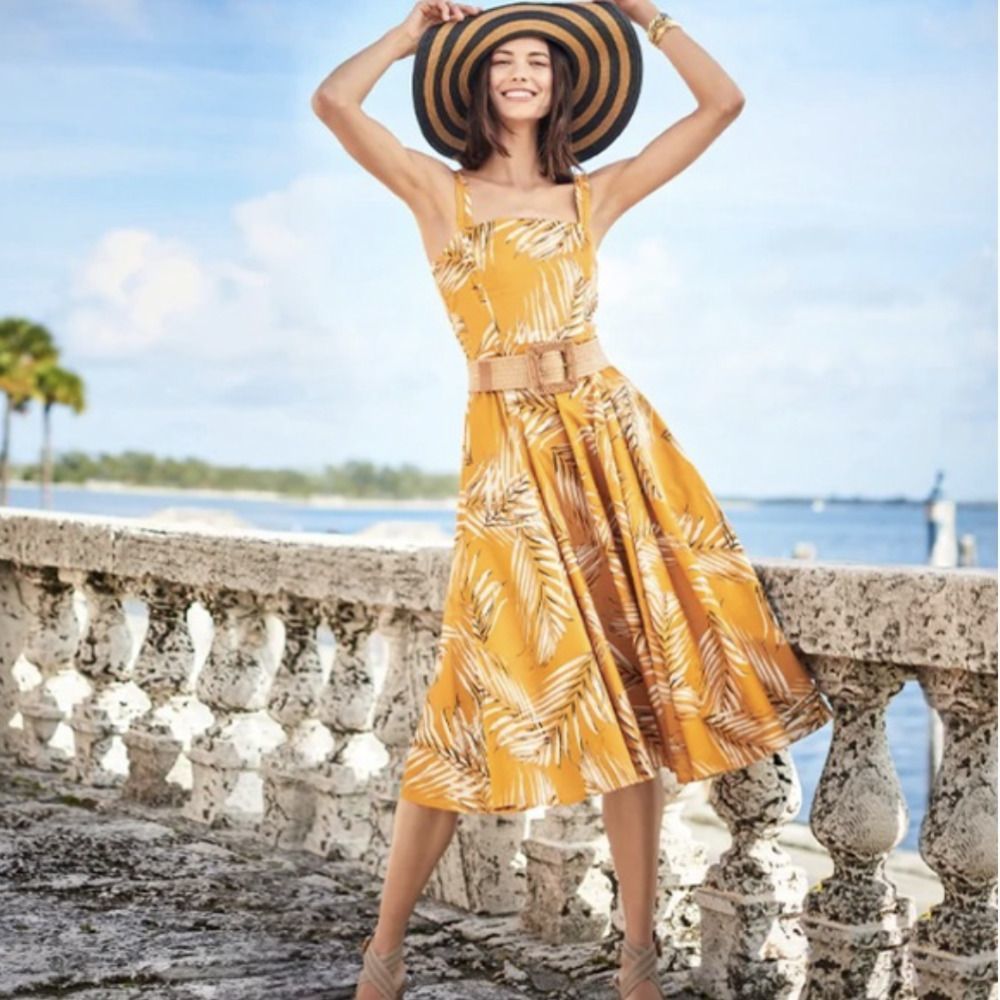 NEW White House Black Market gold Palm-Print Midi Dress with pockets, 8